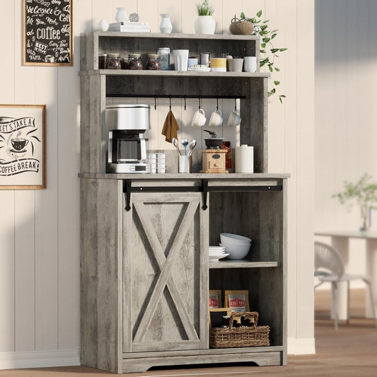 Farmhouse Coffee Bar with 3 Tier Storage Hutch, 56 Inch Small Coffee Station with 6 Hooks, Corner Bar Table with Adjustable