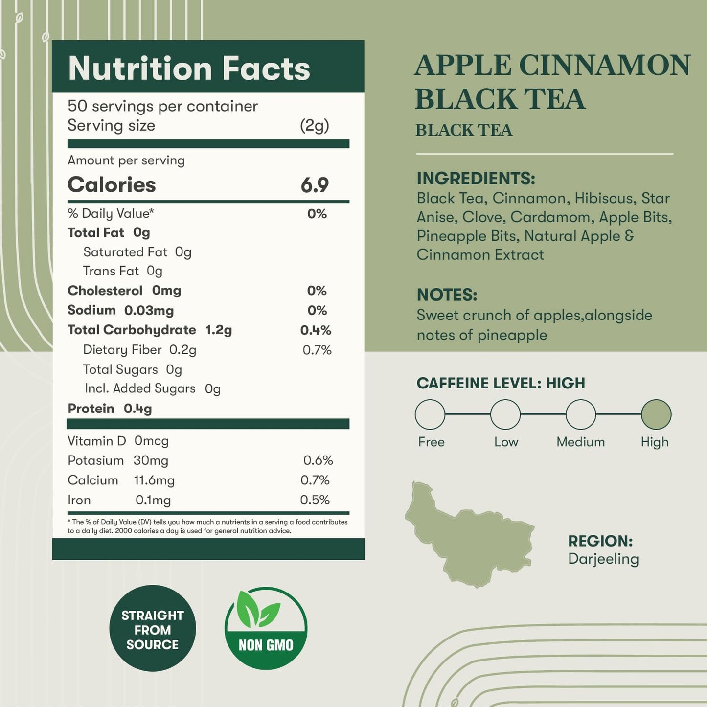 Luxmi Estates Apple Cinnamon Black Tea 50 Tea Bags (100g/3.52oz) Pack | USDA Certified Premium Black Tea | 50 Biodegradable Tea Bags