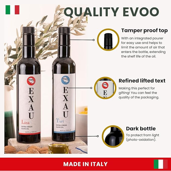 EXAU Italian Extra Virgin Olive Oil Set - Due2, 897 mg/kg Polyphenol Rich Olive Oil From Italy, Non-GMO, Early Harvest First Cold Pressed for Drinking and Cooking, 2 Pack 16.9 Fl Oz (1L)