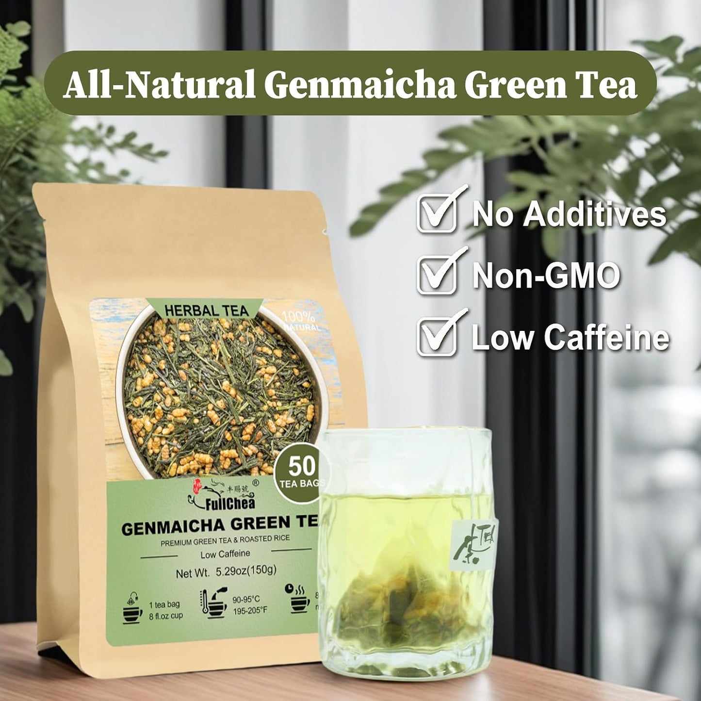 FullChea - Genmaicha Tea Bags, 50 Count, Green Tea with Roasted Rice | Nutty roasted flavor with low caffeine, refreshing for breakfast, afternoon tea and daily sipping