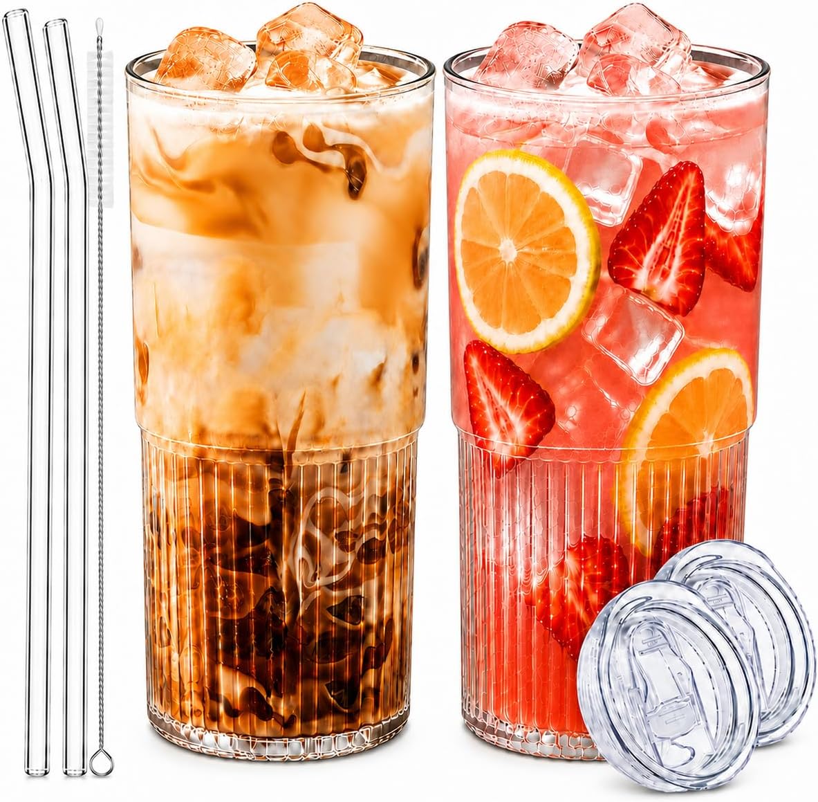 Luiaiog Glass Cups with Lids and Straws Set of 2, 18.6 oz Ribbed Drinking Glasses, Leakproof Glass Tumbler for Iced Coffee, Smoothie, Boba, Reusable Cups with Straw Brush, Dishwasher Safe