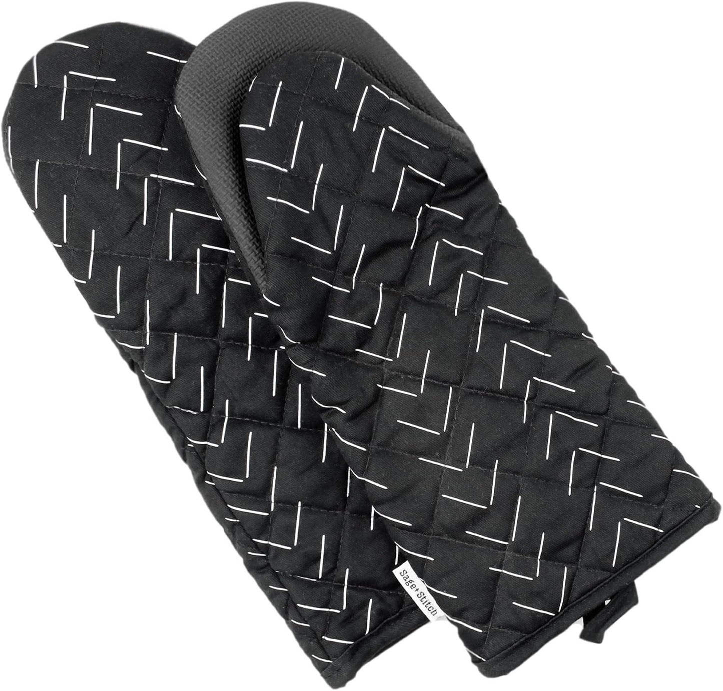 Heat Resistant Designer Kitchen Oven Mitts with Neoprene Non-Slip Grips and Hanging Loops | Set of 2 100% Cotton Long Sleeve Kitchen Oven Mitts | 5.5" x 12" | Black