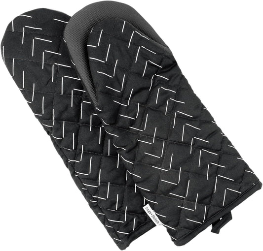 Heat Resistant Designer Kitchen Oven Mitts with Neoprene Non-Slip Grips and Hanging Loops | Set of 2 100% Cotton Long Sleeve Kitchen Oven Mitts | 5.5" x 12" | Black
