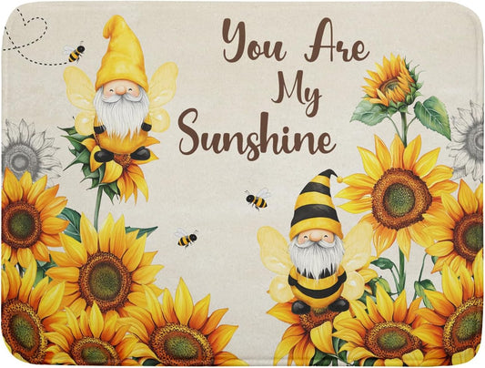 Giwawa Bee Gnomes Dish Drying Mat, Summer Sunflowers Elf Dish Drainer Mats for Kitchen Countertop, Vintage Sunshine Floral