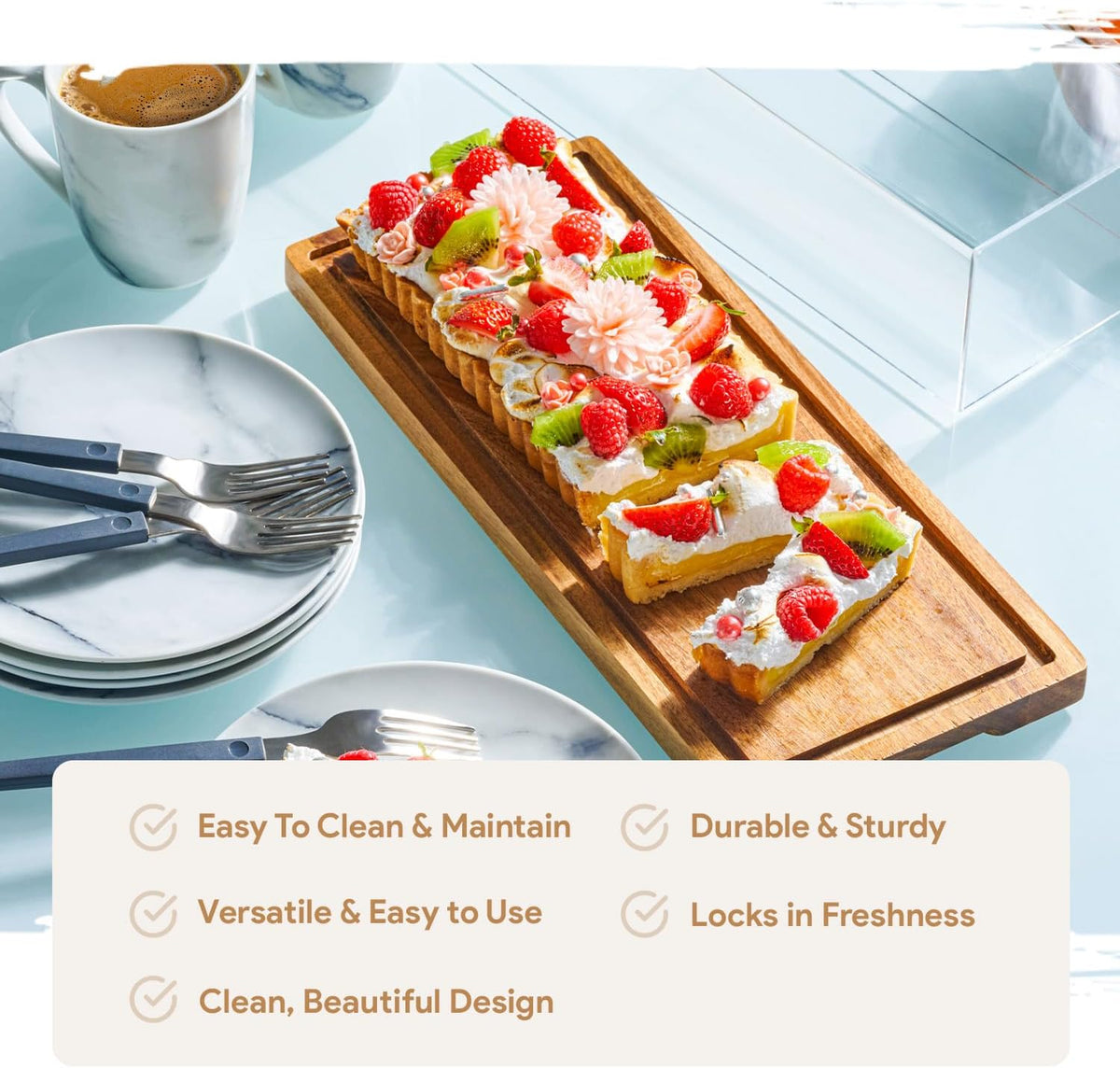 HOMESPHERE Cake Display with Lid, Rectangle Cake Stand, Cookie Display | Acacia Wood Cake Stand with Lid, Pastry Display with Dome for Loaf Cakes, Bread, Wood Tray Platter &amp; Acrylic Cover, 15x6.25”