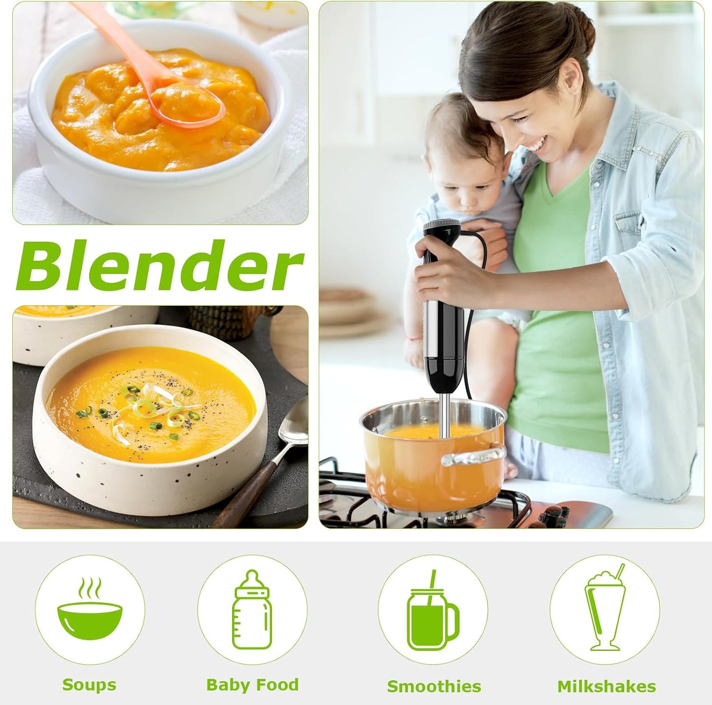 Bonsenkitchen Immersion Blender with Food Processor, 20 Speeds &amp; Turbo Mode | 4-in-1 Emulsion Hand Blender, Egg Whisk, 24 oz Beaker &amp; Chopper Bowl, Portable Hand Mixer for Smoothie, Soup, Baby Food