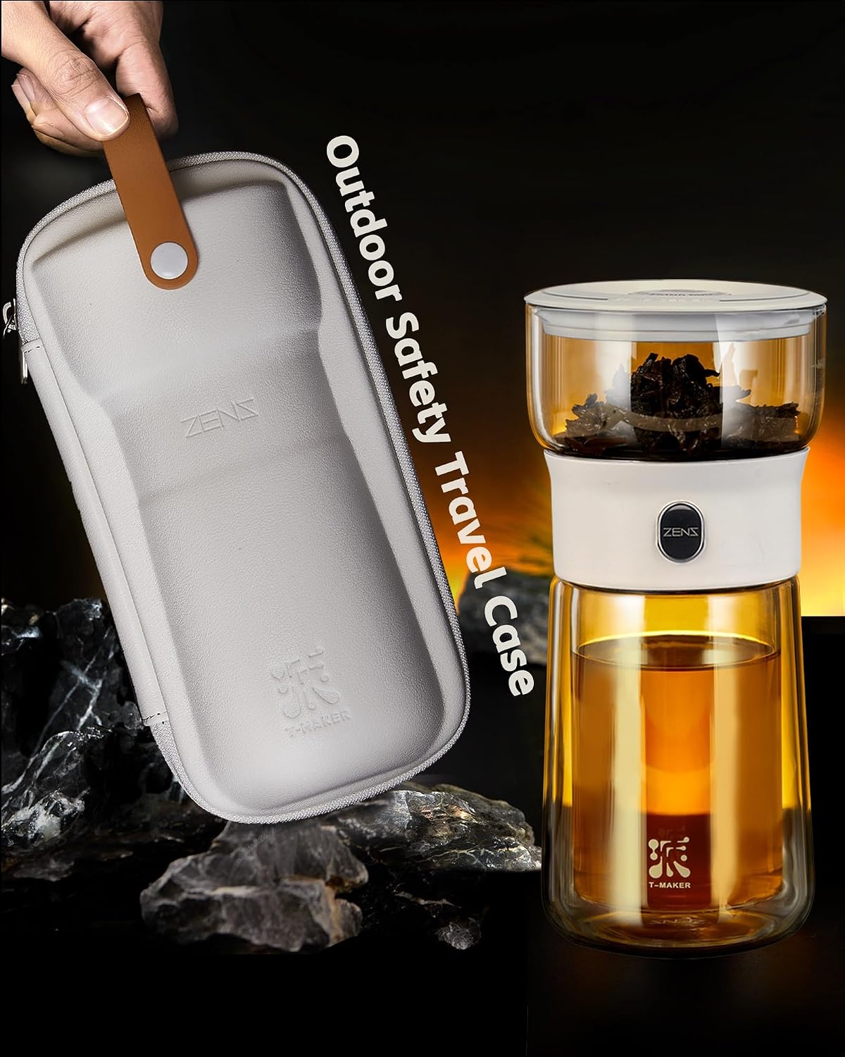 ZENS Modern Glass Infuser Pot, One Touch Tea Maker for Loose Leaf Tea | Glass Teapot with Infuser, Magic Tea Infuser with 6.7oz Insulated Mug and Portable Case for Tea Lovers Gifts