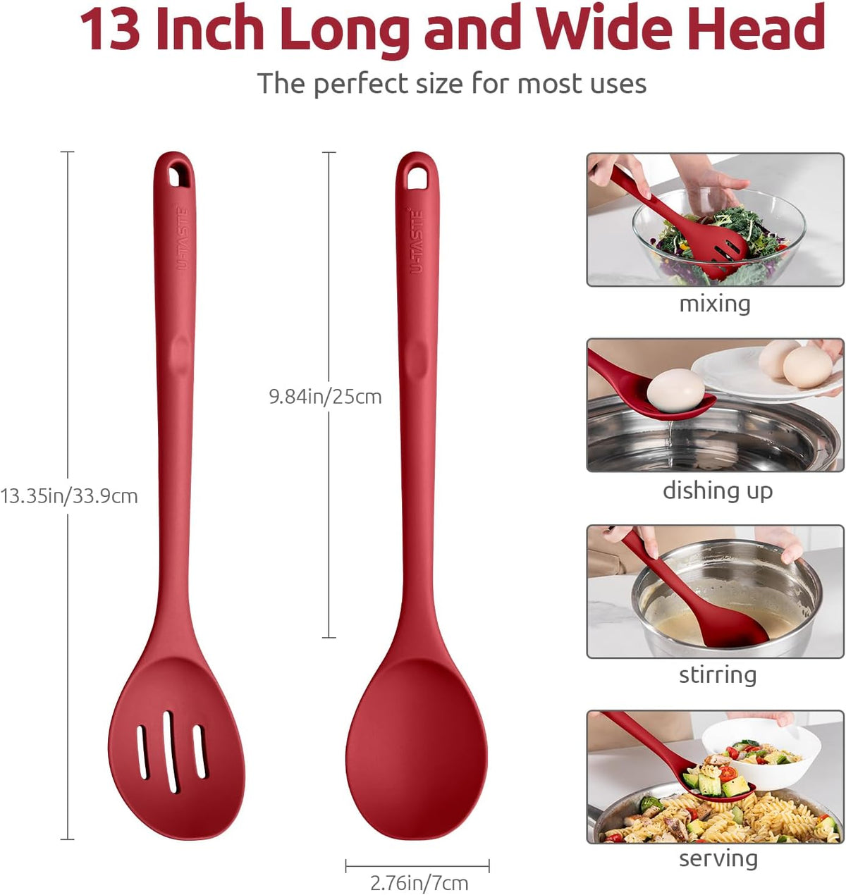600ºF Heat Resistant Silicone Spoons: U-Taste 13.3in Solid & Slotted Kitchen Cooking Spoon, Nonstick Long Rubber Utensil, Sturdy for Mixing, Serving, Stirring, Frying, Draining (Red, 2PCS)