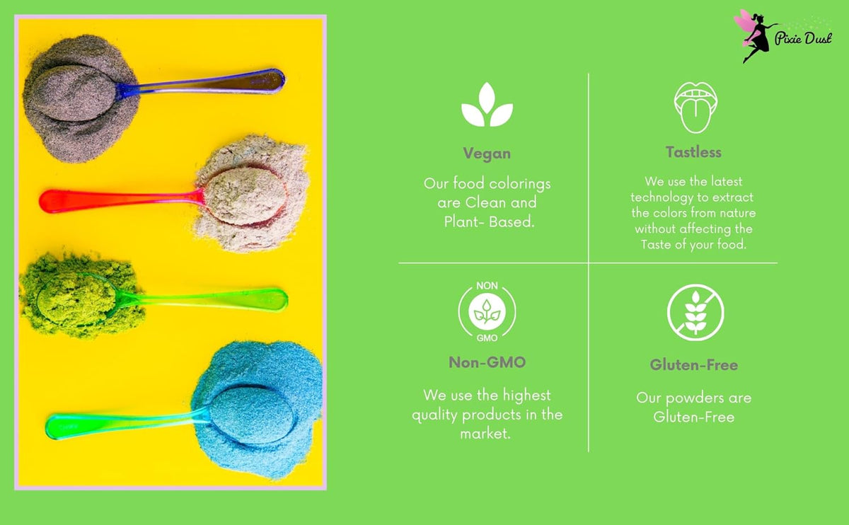 Pixie Dust Natural Food Coloring Powder, Red, Yellow, Blue &amp; Green Dye Free | Perfect for cake decorating, cookie frosting, icing &amp; drinks. Plant based, flavorless, kosher. Set of 4, 0.17 oz each.