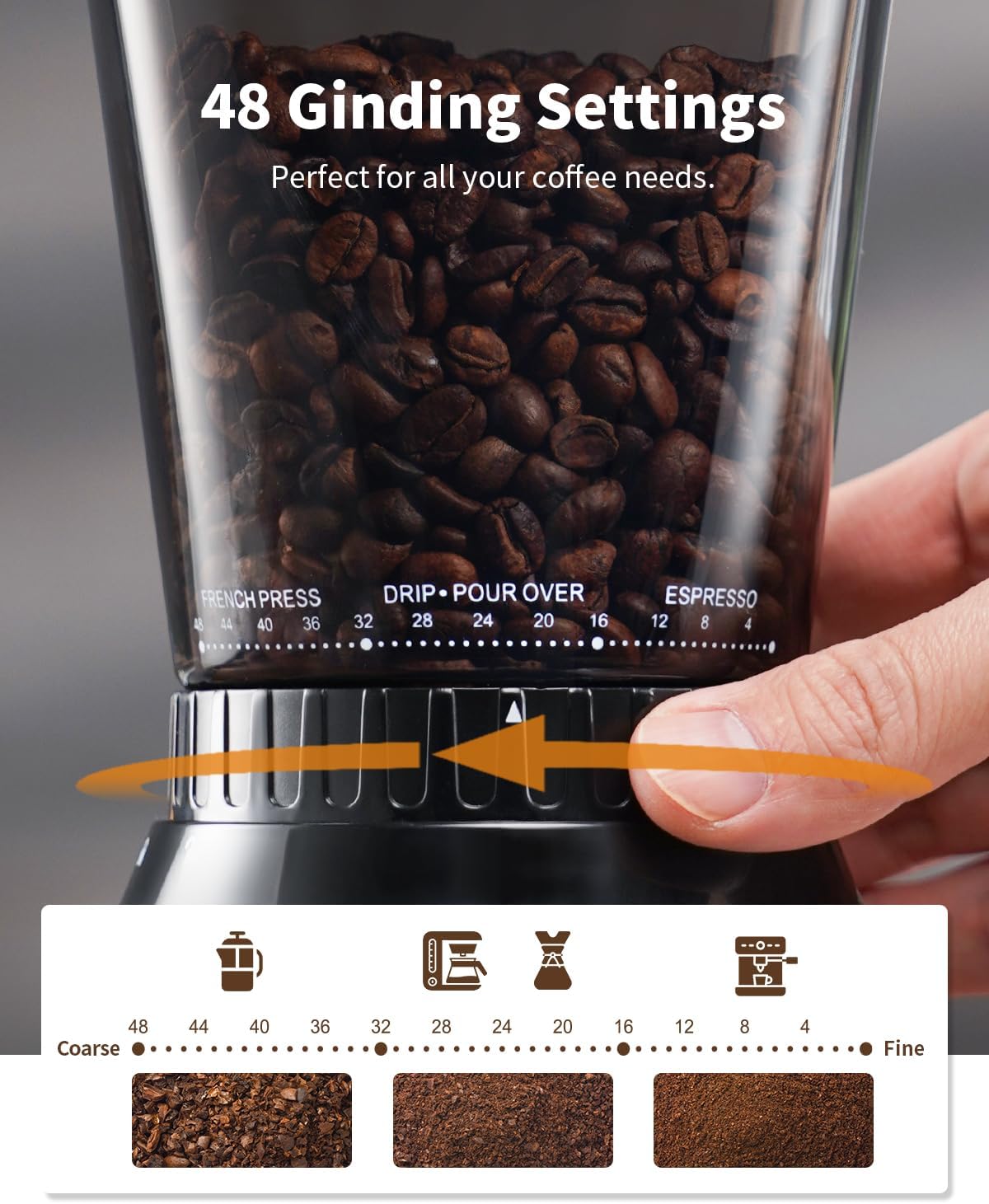 SHARDOR Conical Burr Coffee Bean Grinder, Anti-Static, 48 Settings, Black | Electric Grinding for Home Use, LCD Touchscreen, Precision Timer, Detachable Parts, Low Speed, 150W Motor, 9.7 oz Hopper