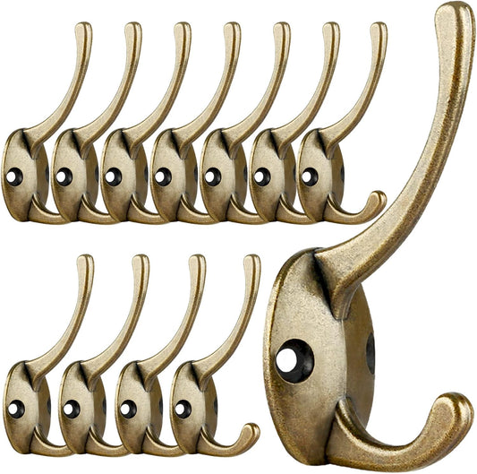 IBosins 12 Pack Antique Brass Coat Hooks Wall Mounted with 24 Screws Retro Double Hooks Utility Antique Brass Hooks for