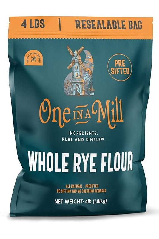 One in a Mill Whole Rye Flour 4LB |100% All-Natural Unbleached Pre-sifted Bread Flour for Baking Cakes, Pie Crusts & Artisan