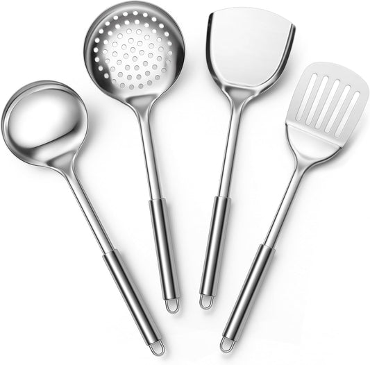 E-far Stainless Steel Cooking Utensils, 4-Piece Heat Resistant Kitchen Utensils Set, Non-toxic Metal Kitchen Tools Spatulas