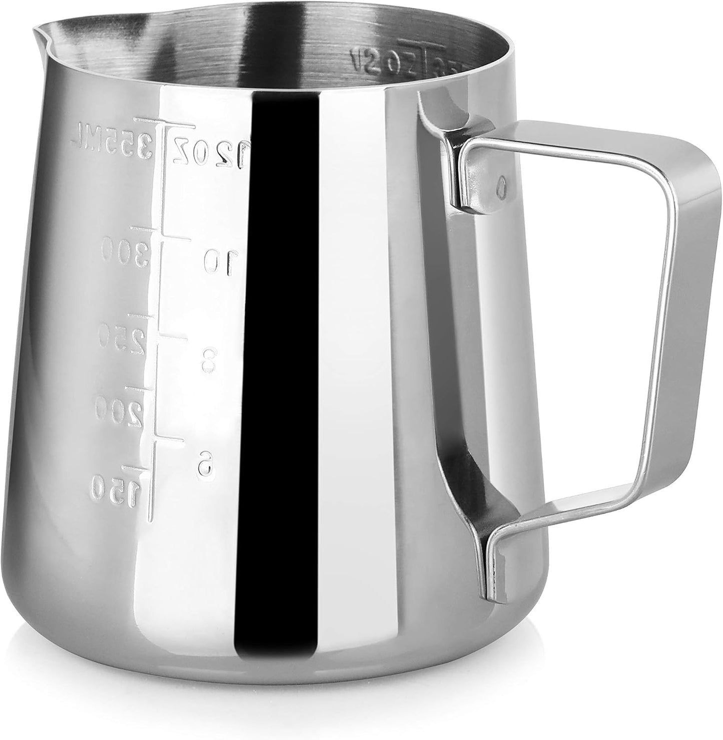 New Star Foodservice 28805 Stainless Steel Frothing Pitcher, 12 oz Espresso Milk Steaming Cup with Measurement Scale, Commercial Grade 18/8 Barista Pitcher for Lattes, Cappuccinos, Coffee, Silver