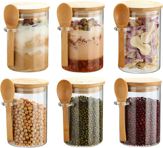 6 Pack Glass Jars with Bamboo Lids and Spoons for Loose Leaf Tea Storage, 17 OZ Glass Overnight Oat Container with Lid and