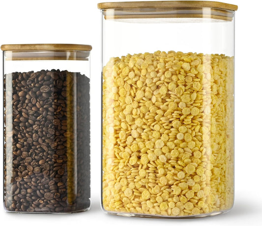 156oz 52oz Airtight Glass Square Storage Canister with Bamboo Lid Set of 2(4600ml*1 1550ml*1) Large Gallon Glass Jars for