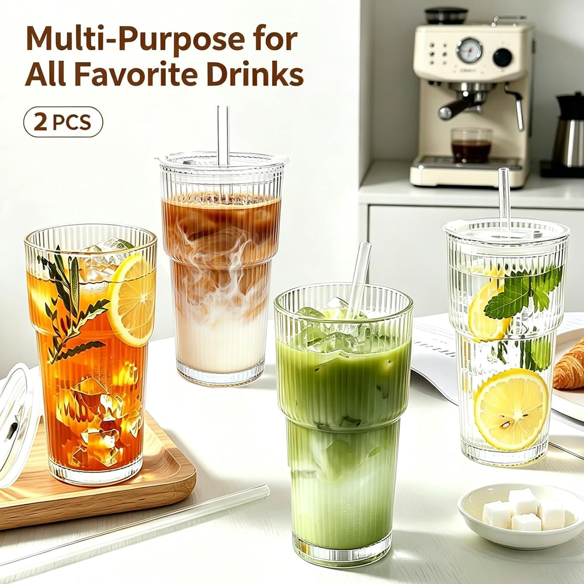 2PCS 20oz Glass Cups with Lids and Straws