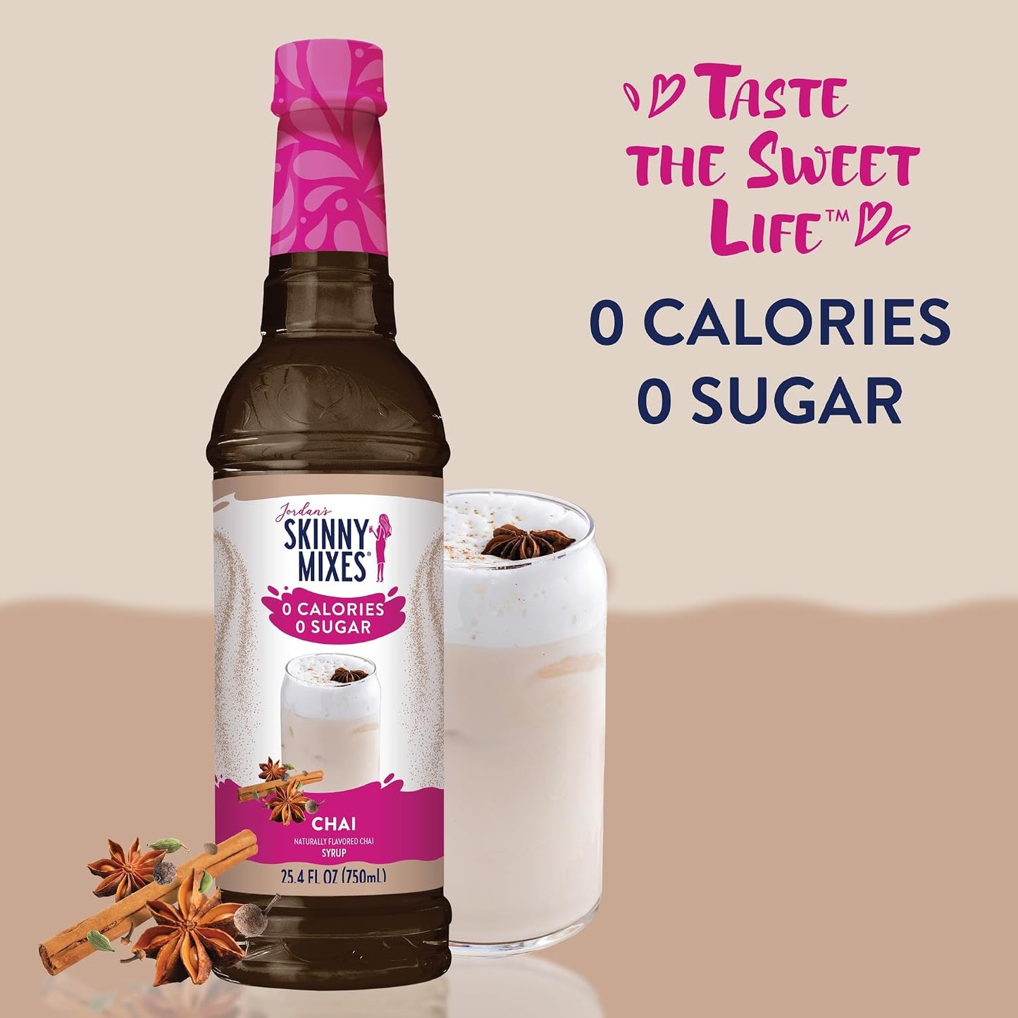 Jordan's Skinny Chai Coffee Flavoring Syrup, 25.4 fl oz | 0g sugar, 0 calories, 0g carbs, Keto-friendly and kosher, 25 servings per bottle, Mixes into lattes, shakes, and cocktails