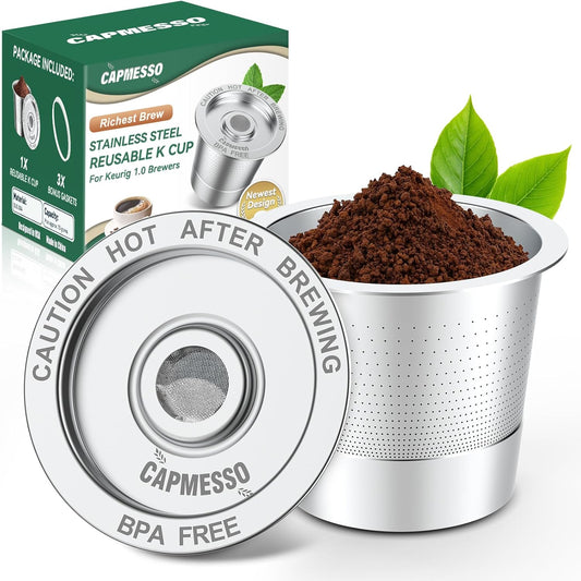 CAPMESSO Reusable K Cups for Keurig 1.0: Stainless Steel Coffee Pod Metal Refillable K Cup - Universal Coffee Filters for