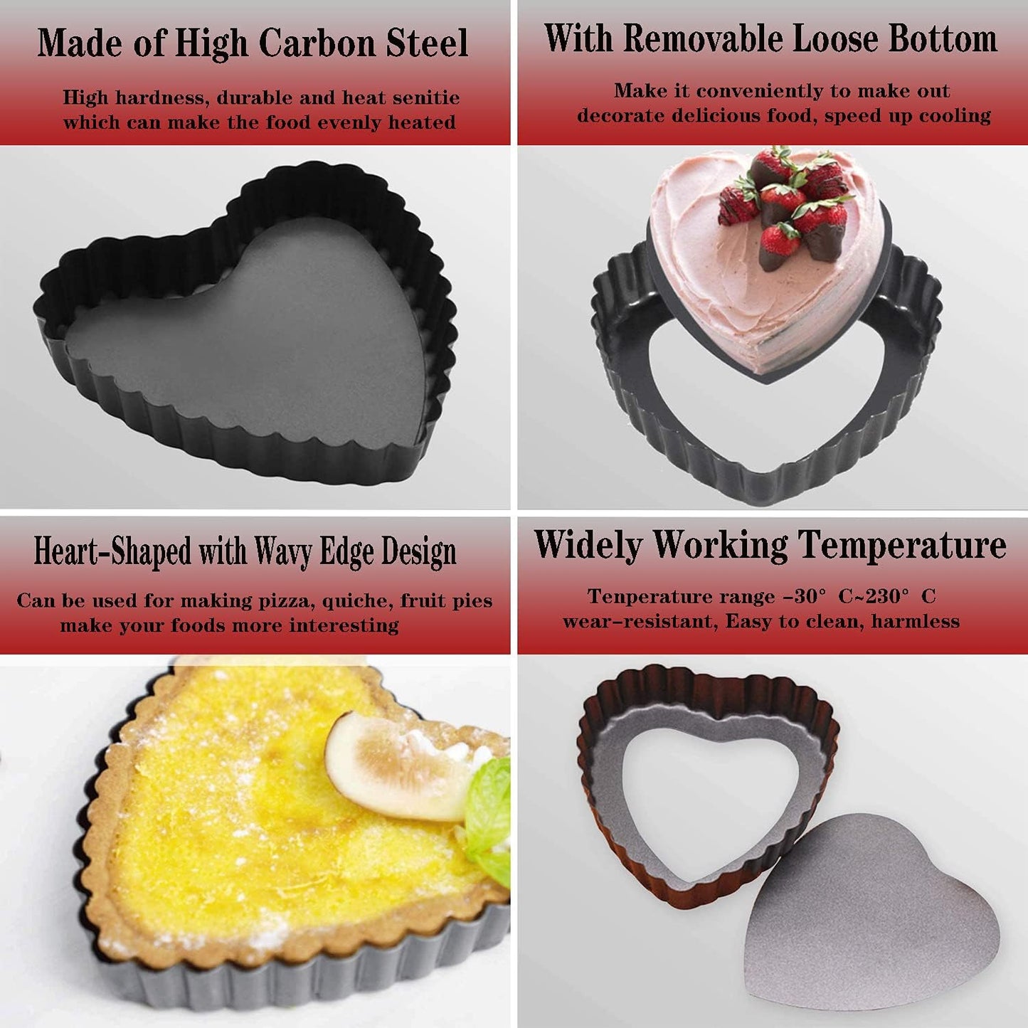 6PCS 4 Inch Heart Tart Pans with Removable Bottom, Nonstick Quiche | Mini Carbon Steel Heart-Shaped Pie Molds for Dessert &amp; Cake Baking, Fluted Loose Bottom Cake Pan for Easy Release