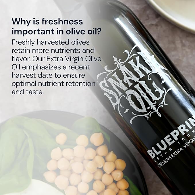 Blueprint by Bryan Johnson Olive Oil – Snake Oil- High Polyphenol Extra Virgin Olive Oil (400+ mg/kg) – Cold Pressed, Early Harvest, First Cold Press EVOO – Keto, Paleo, Non-GMO – 2 Pack - 750ml Glass Bottle