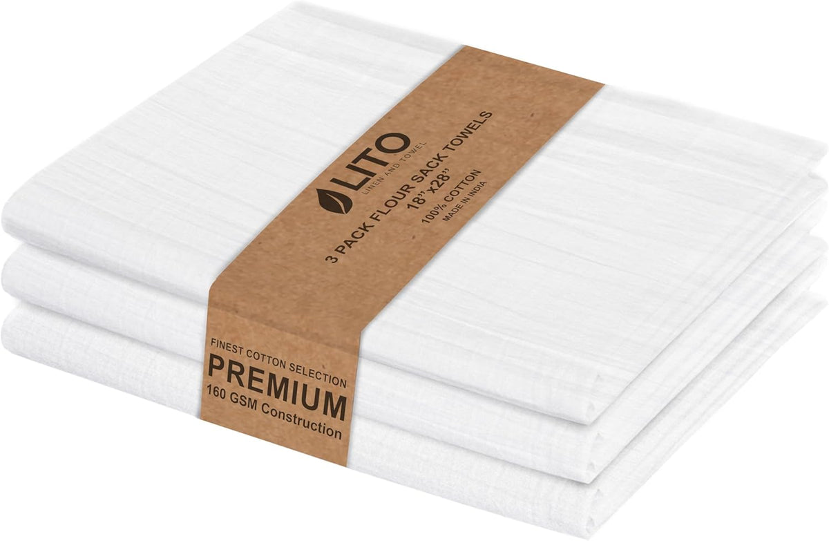 LITO LINEN AND TOWEL Flour Sack Towels - 100% Cotton Tea Towels for Crafts, Dish Towels for Kitchen, Embroidery, Cleaning, Baking (Pack of 3) - 18"x 28"