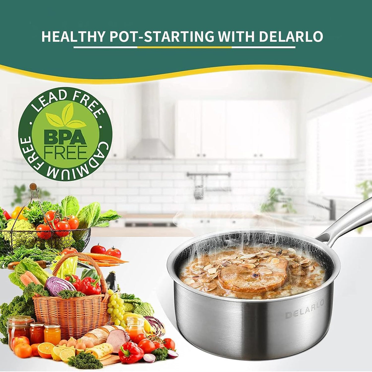 DELALRO Full Clad Tri-Ply Stainless Steel Sauce Pan 2.5QT, All Stove Safe 600℉(Lids 300℉), Medium Sauce Pan with Lid, Non Stick Sauce Pan, Fast & Even Heat, Steel Pot with Lid, Energy Saving,2-1/2 QT