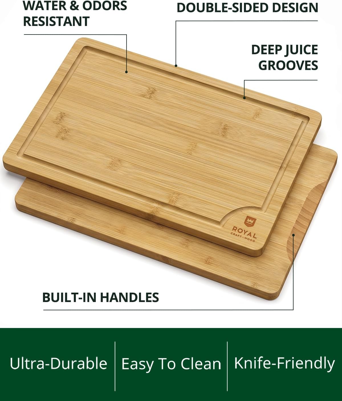 ROYAL CRAFT WOOD Wooden Cutting Boards for Kitchen Meal Prep &amp; Serving - Bamboo Wood Serving Board Set with Deep Juice Groove Side Handles - Charcuterie &amp; Chopping Butcher Block for Meat