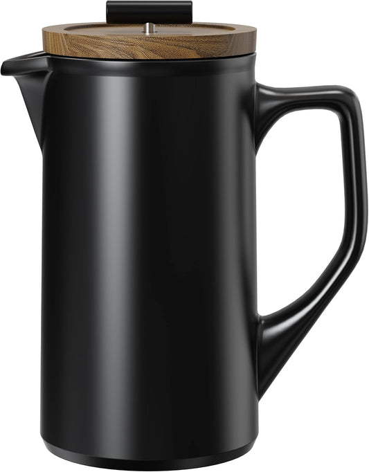 Ceramic French Press 22oz, Walnut Wood Lid, Black