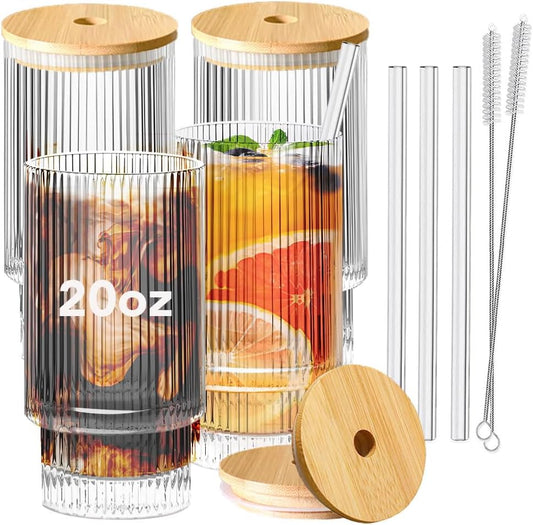 Ribbed Glassware Set of 4, 20oz Origami Style Drinking Glass Cup with Lid and Straw, Iced Coffee, Cocktail, Beer, Juice