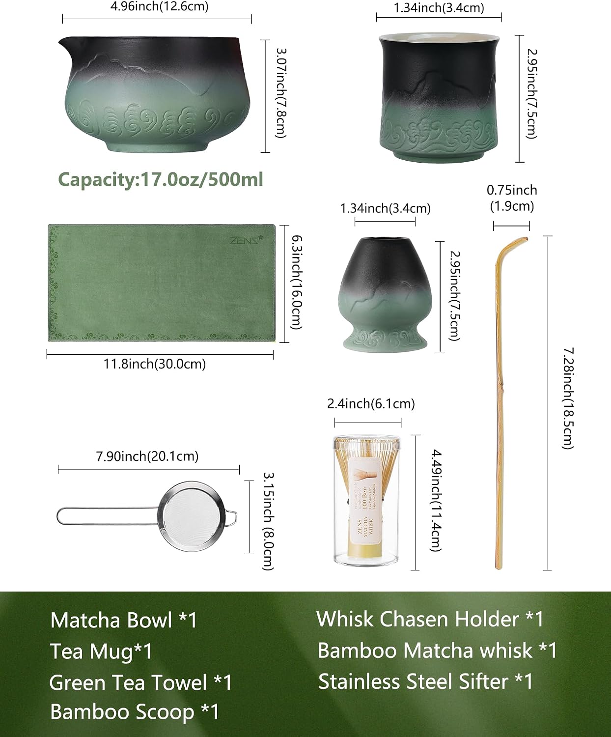 ZENS Premium Matcha Whisk Set with Blooming Cup, 7pcs Matcha Set, Green