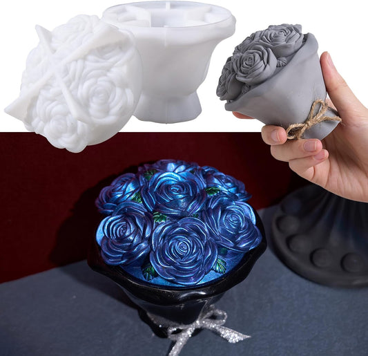 Epoxy Resin Storage Box Silicone Molds A Bouquet of Roses Jar with Lid DIY Jewelry Trinket Candy Container Silicone Mould