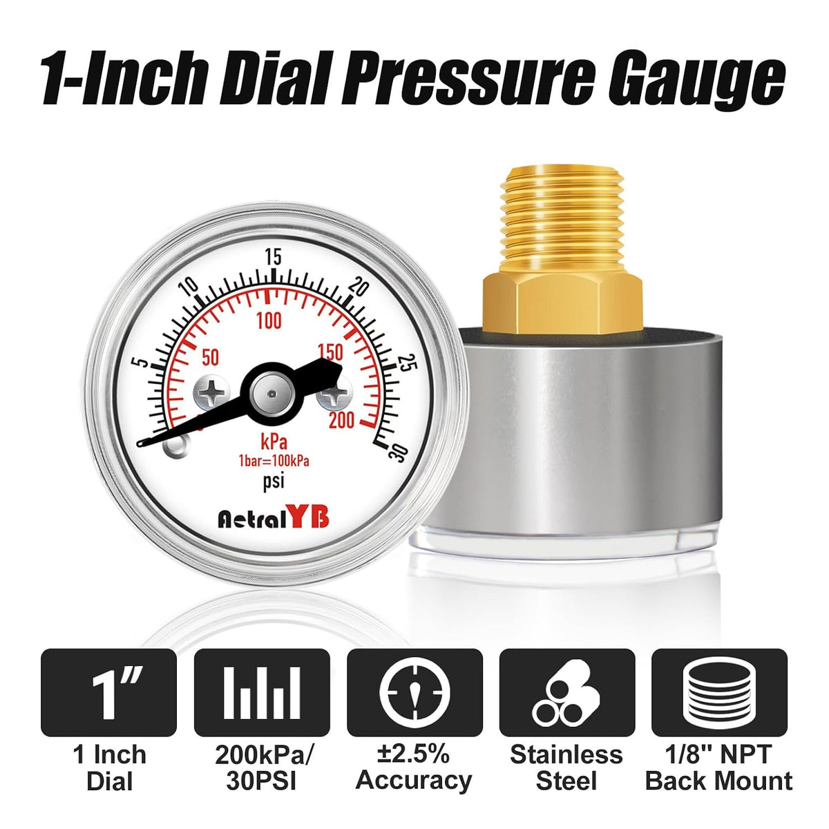 Mini1 Inch Pressure Gauge, 0-30 Psi Air Gauge, Lead-Free.Stainless Steel Case, 1/8" NPT Back Mount, Pressure Gauge for Water Air Pressure Test
