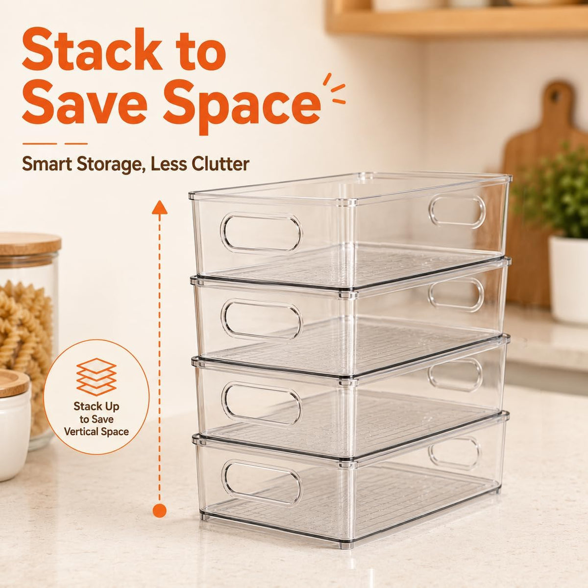LotFancy Refrigerator Organizer Bins, 4 Pack,10x6x3 in, BPA Free Clear Plastic Storage Bins for Pantry Organization, Stackable Containers with Handles for Fridge, Kitchen Drawer, Freezer, Cabinet