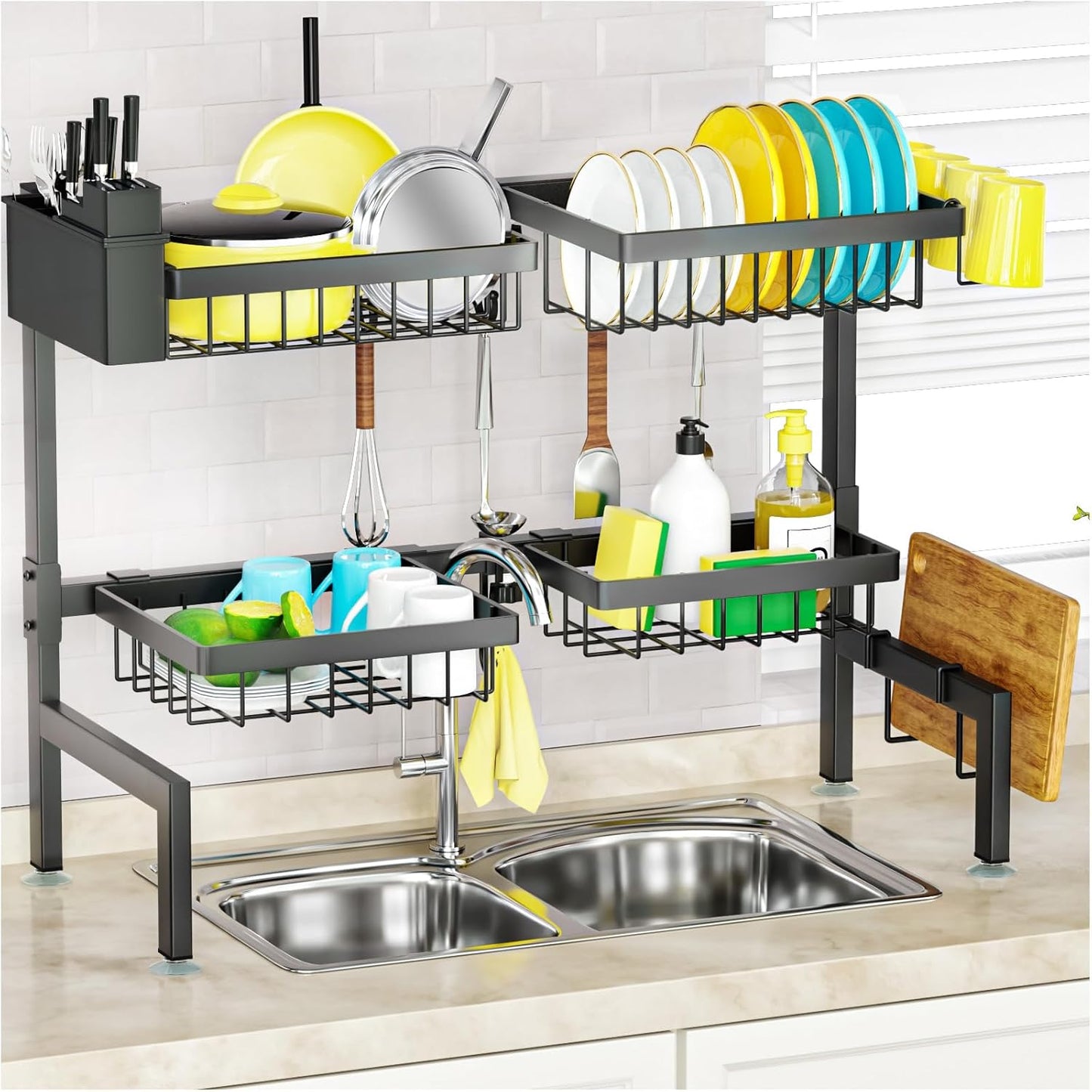 SNSLXH 4 Baskets 2-Tier Over The Sink Dish Drying Rack, 26.57"-35"