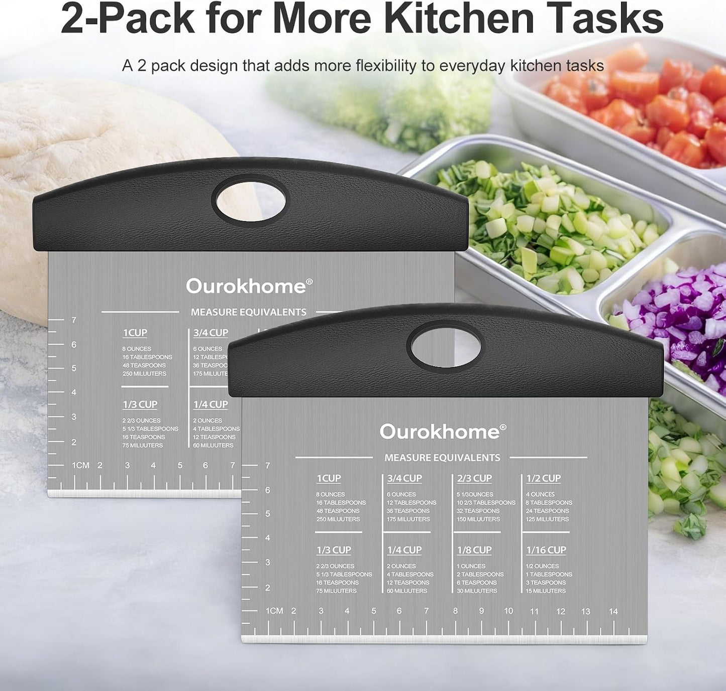 Ourokhome 2 Pack Bench Scraper Dough Cutter, Stainless Steel Dough Scraper with Laser-Etched Scale, Conversion Chart, Non-Slip Handle, Dishwasher Safe for Bread &amp; Pastry, Black
