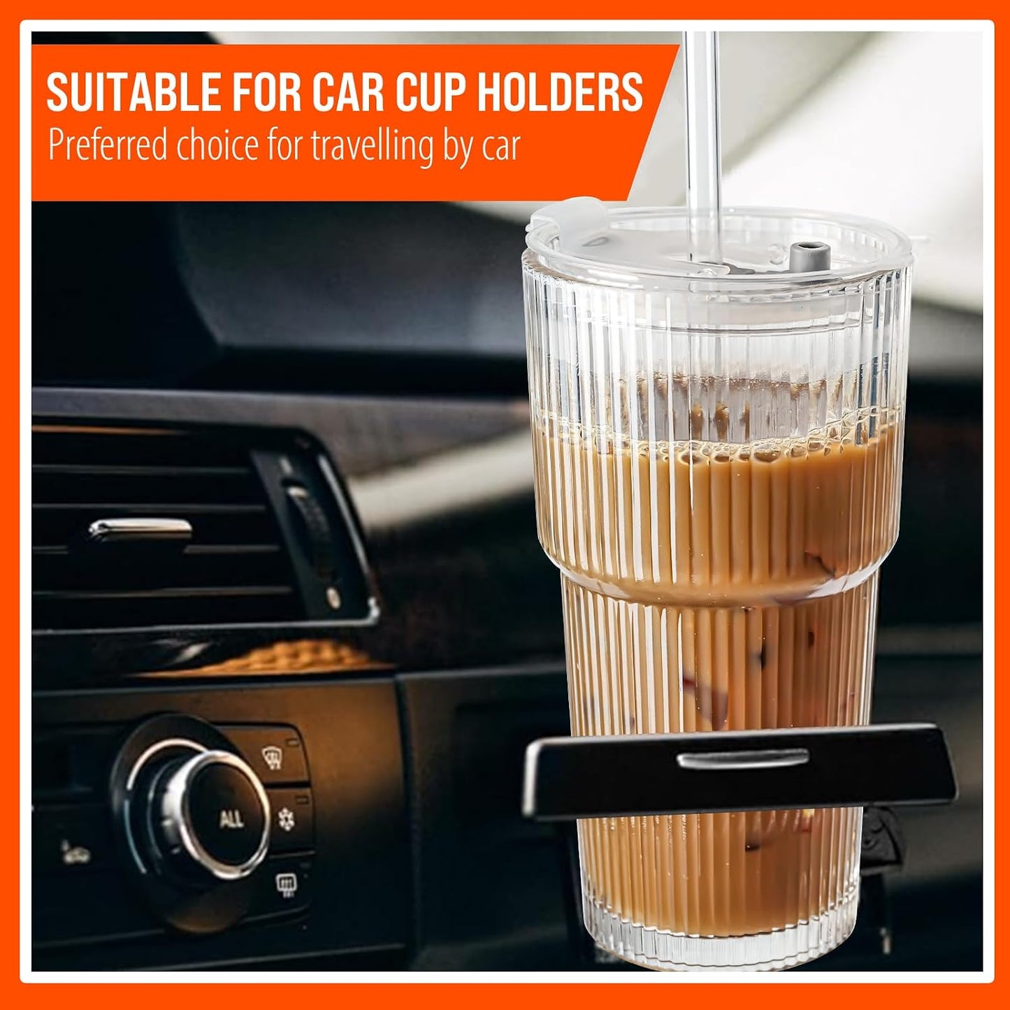 SUROQUE 20oz Ribbed Glass Tumblers with Lids &amp; Straws, Ideal for Iced Coffee, Cocktails &amp; More - Includes Cleaning Brush