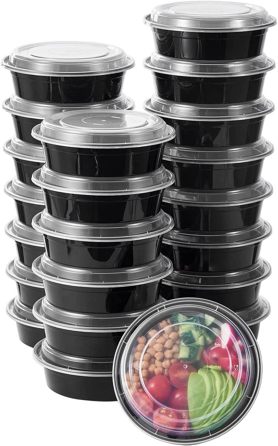 FULING 38 oz 50 ct Round Meal Prep Containers with Lids Plastic Food Storage To Go Lunch Plan Box Disposable Take Out Bowls Black BPA Free Reusable Durable Stackable Microwave Freezer Dishwasher Safe