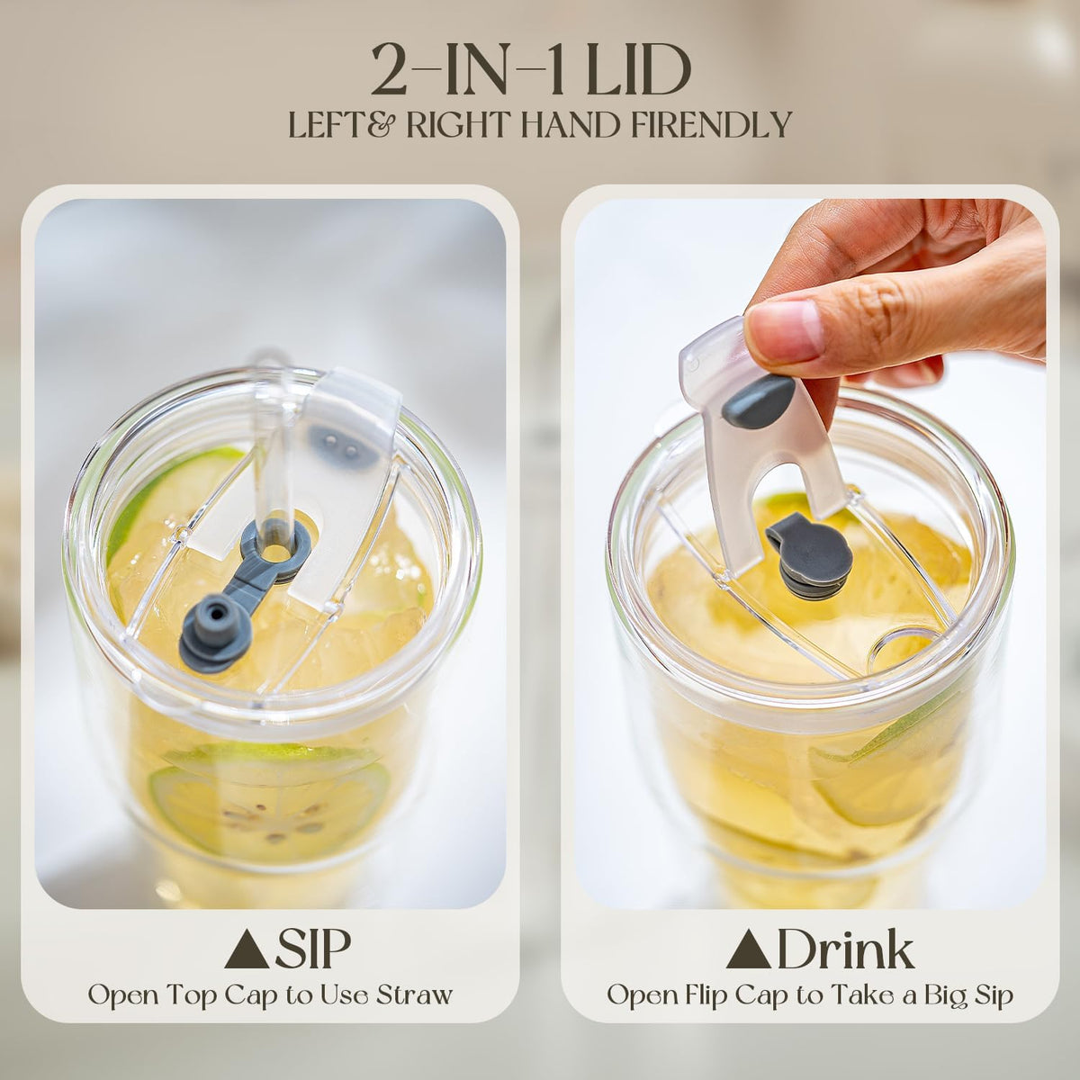 KEMORELA 2PCS 20oz Double Wall Glass Tumblers with Lids and Straws – Insulated Borosilicate Glass Matcha Cups for Iced Matcha Latte, Smoothies, Reusable Travel Glass Cups – Leak Proof 2-in-1 Lid
