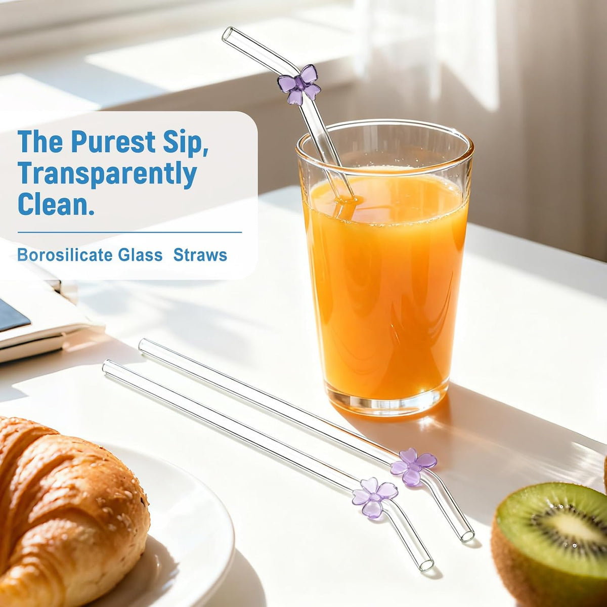 8pack Purple Bow Glass Straws with Charms, 9Inch 8mm Bent Borosilicate Set | bow straws glass bent create a coordinated coquette brunch, iced-latte table or gift basket with matching bow accents