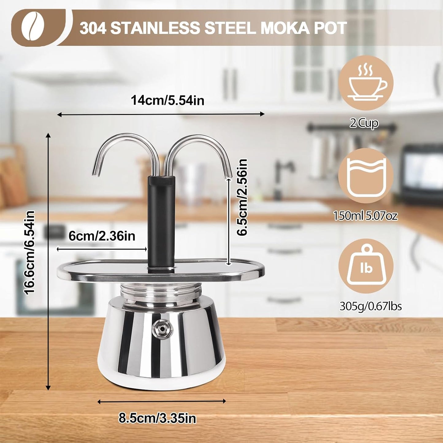 Uncoated 2 Cup Dual Pipe Moka Pot 304 Thickened Stainless Steel | Mini Coffee Maker Stovetop Espresso Coffeemaker Italian Classic Style Brewing Greca Cafe Machine for Cafeteras Travel 150ml