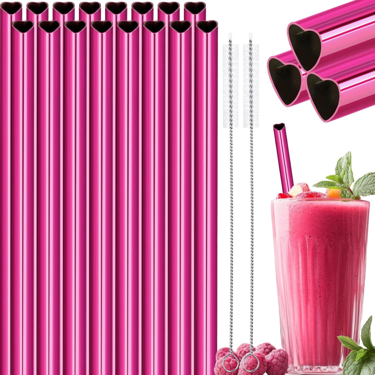 NiHome 8.5” Heart-Shaped Stainless Steel Straws Fit for Smoothie, Cocktails | 16-Pack Metal Straws with 2 Brushes for Holiday, Valentine’s Day, Reusable Drinking for Smoothie Milkshake (Pearl Hot Pink)