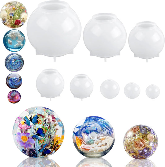 KISREL Sphere Resin Molds, 8 PCS Sphere Silicone Mold, Upgraded 3D Seamless Epoxy Molds，Large Ball Shape Flower Resin Mold