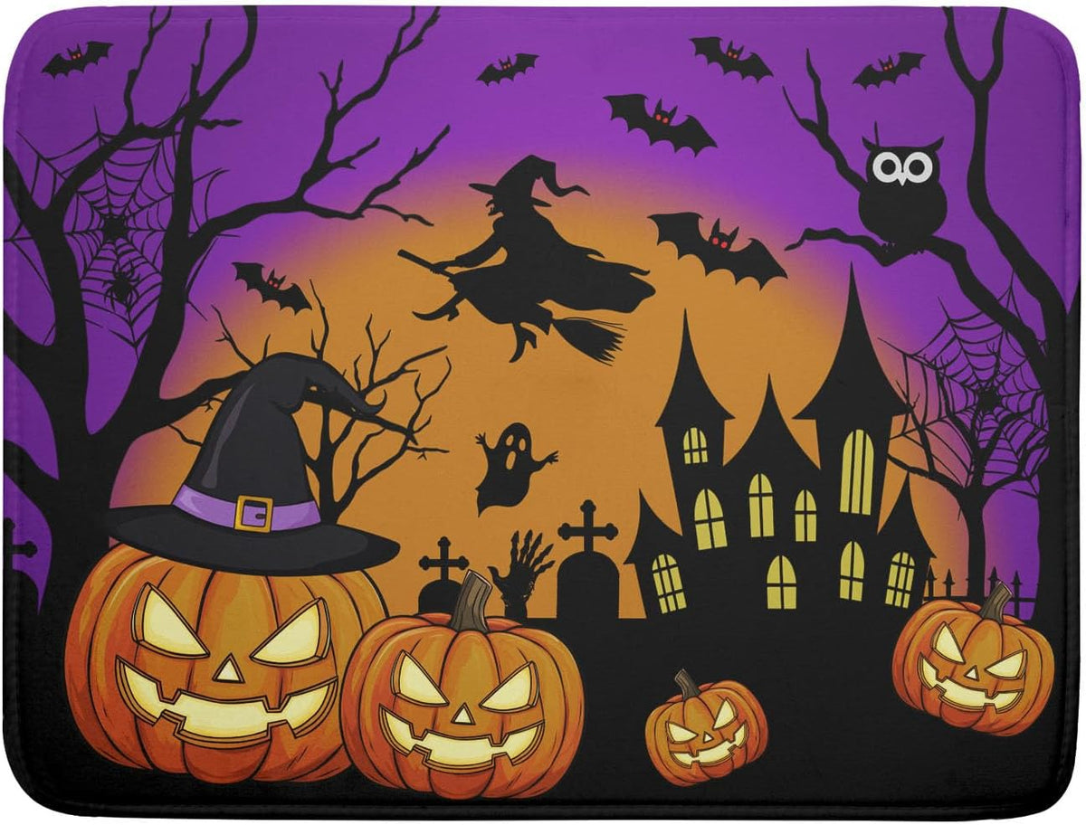 Happy Halloween Pumpkin Dish Drying Mat for Kitchen Counter,Witch Ghost Castle Bat Purple Drying Mat 18 x 24 Inch with High Absorbent Microfiber Drainer Mat for Coffee Bar