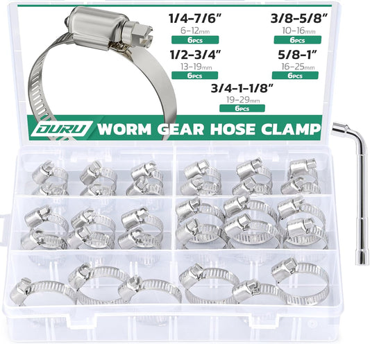30PCS Hose Clamps Stainless Steel Assortment Adjustable 1/4"-1-1/8"(6-29mm) Worm Gear Hose Clamp, Heavy Duty Metal Small