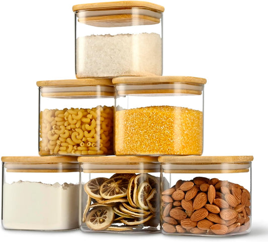 22oz Airtight Square Spice Containers with Bamboo Lid Set of 6 (650ml) Kitchen Pantry Organization Jar Stackable Spice Jar,