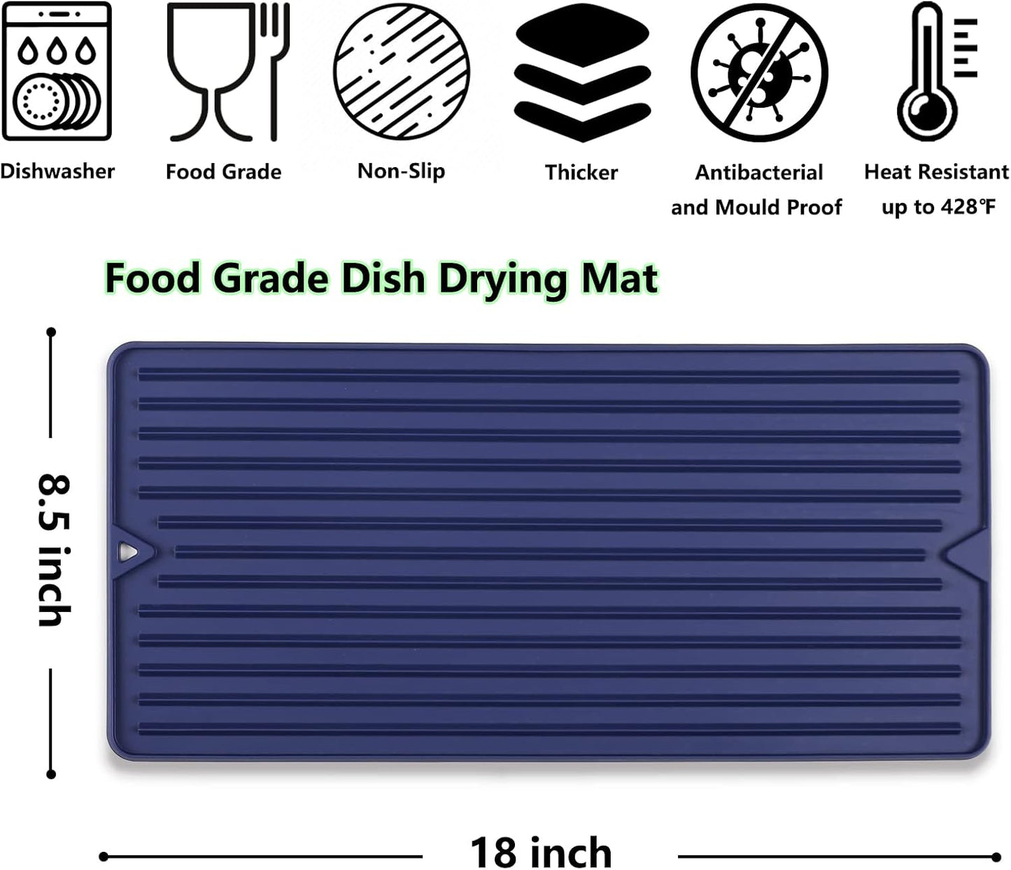 Small Silicone Dish Drying Mat, Long &amp; Narrow, 8.5" x 18", Blue | For Kitchen Counter and Bathroom, Super Thick, Heat Resistant, Countertop Protector, Non-Toxic, For Cup/Bottle/Glassware