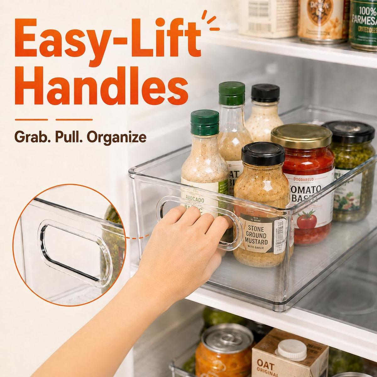LotFancy Refrigerator Organizer Bins, 4 Pack,10x6x3 in, BPA Free Clear Plastic Storage Bins for Pantry Organization, Stackable Containers with Handles for Fridge, Kitchen Drawer, Freezer, Cabinet