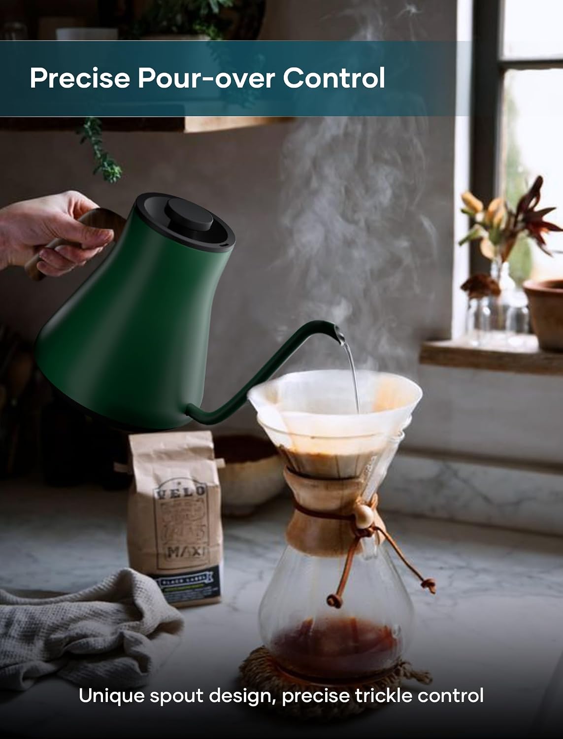 INTASTING Electric Kettles, Gooseneck Electric Kettle, ±1℉ Temperature Control, Stainless Steel Inner, Quick Heating, for Pour Over Coffee, Brew Tea, Boil Hot Water, 0.9L (Hunter Green)