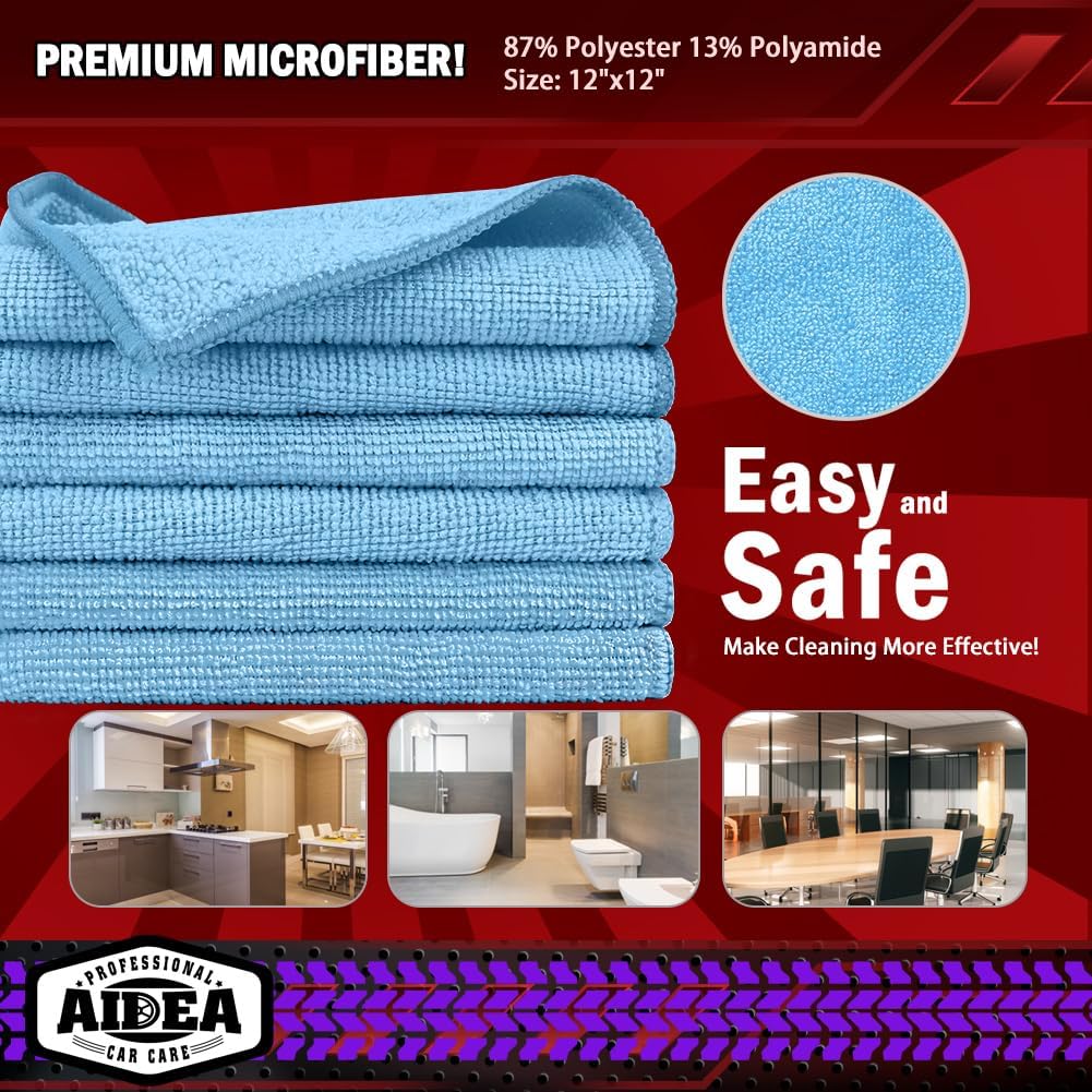 AIDEA Microfiber Cleaning Cloth Blue-50PK,Microfiber Towels for Cars 12×12"